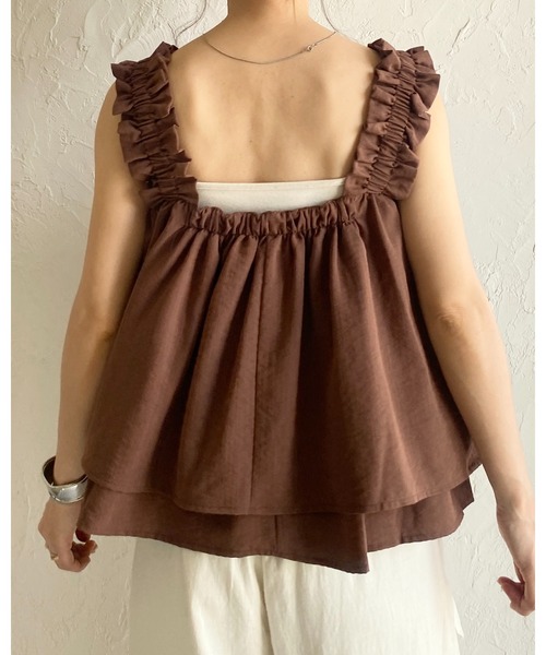 She's Closet(シーズクローゼット)の「ノースリーブショート丈肩ショルダーフリルギャザーキャミソールトップス(キャミソール・レディース・ブラック/アイボリー/ベージュ/レッド/ブラウン・FREE)」の11枚目の写真