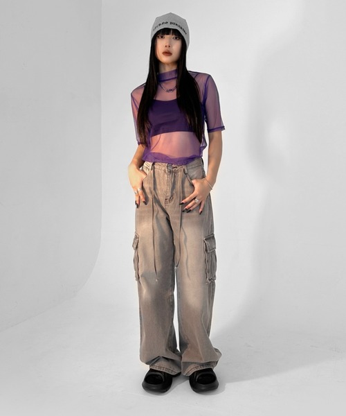 【LVEU.】ヴィンテージライクカーゴデニムパンツ / ボトムス デニム パンツ カーゴ 色落ち ヴィンテージ ワイド ルーズ ストレート グレー（デニムパンツ）｜LVEU.（ラブユ.）