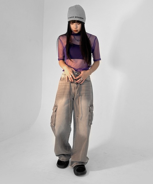 【LVEU.】ヴィンテージライクカーゴデニムパンツ / ボトムス デニム パンツ カーゴ 色落ち ヴィンテージ ワイド ルーズ ストレート グレー（デニムパンツ）｜LVEU.（ラブユ.）