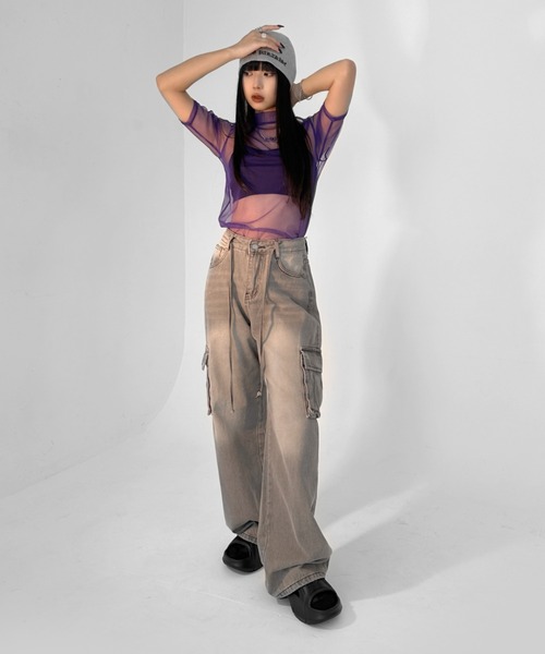 【LVEU.】ヴィンテージライクカーゴデニムパンツ / ボトムス デニム パンツ カーゴ 色落ち ヴィンテージ ワイド ルーズ ストレート グレー（デニムパンツ）｜LVEU.（ラブユ.）