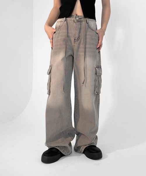 【LVEU.】ヴィンテージライクカーゴデニムパンツ / ボトムス デニム パンツ カーゴ 色落ち ヴィンテージ ワイド ルーズ ストレート グレー（デニムパンツ）｜LVEU.（ラブユ.）