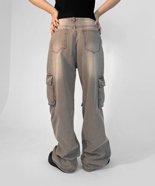 【LVEU.】ヴィンテージライクカーゴデニムパンツ / ボトムス デニム パンツ カーゴ 色落ち ヴィンテージ ワイド ルーズ ストレート グレー（デニムパンツ）｜LVEU.（ラブユ.）
