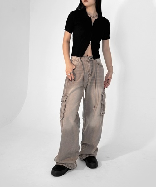 【LVEU.】ヴィンテージライクカーゴデニムパンツ / ボトムス デニム パンツ カーゴ 色落ち ヴィンテージ ワイド ルーズ ストレート グレー（デニムパンツ）｜LVEU.（ラブユ.）