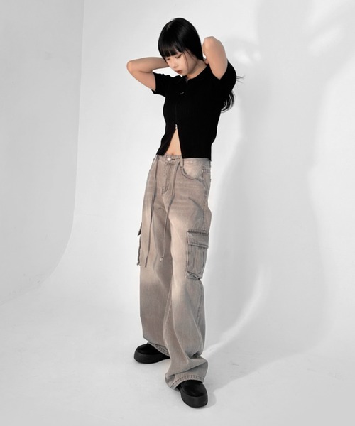【LVEU.】ヴィンテージライクカーゴデニムパンツ / ボトムス デニム パンツ カーゴ 色落ち ヴィンテージ ワイド ルーズ ストレート グレー（デニムパンツ）｜LVEU.（ラブユ.）