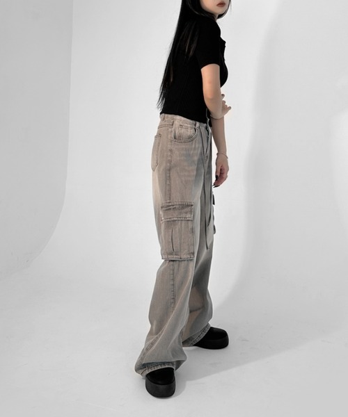 【LVEU.】ヴィンテージライクカーゴデニムパンツ / ボトムス デニム パンツ カーゴ 色落ち ヴィンテージ ワイド ルーズ ストレート グレー（デニムパンツ）｜LVEU.（ラブユ.）