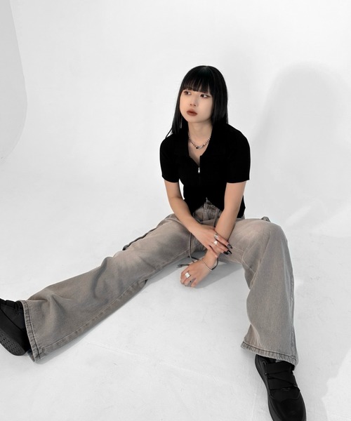 【LVEU.】ヴィンテージライクカーゴデニムパンツ / ボトムス デニム パンツ カーゴ 色落ち ヴィンテージ ワイド ルーズ ストレート グレー（デニムパンツ）｜LVEU.（ラブユ.）