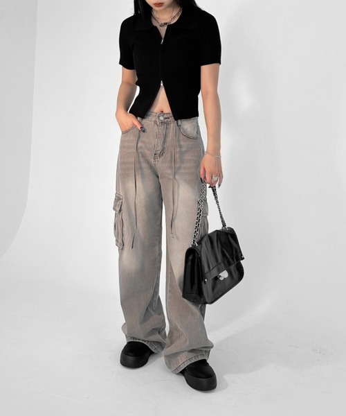 【LVEU.】ヴィンテージライクカーゴデニムパンツ / ボトムス デニム パンツ カーゴ 色落ち ヴィンテージ ワイド ルーズ ストレート グレー（デニムパンツ）｜LVEU.（ラブユ.）