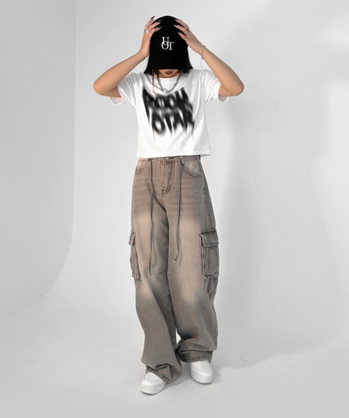 【LVEU.】ヴィンテージライクカーゴデニムパンツ / ボトムス デニム パンツ カーゴ 色落ち ヴィンテージ ワイド ルーズ ストレート グレー（デニムパンツ）｜LVEU.（ラブユ.）