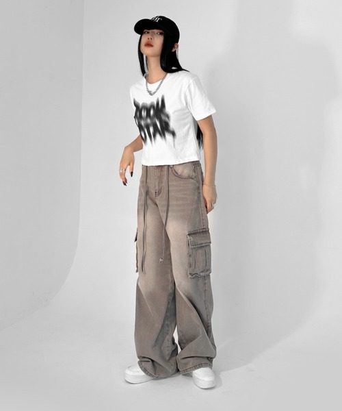 【LVEU.】ヴィンテージライクカーゴデニムパンツ / ボトムス デニム パンツ カーゴ 色落ち ヴィンテージ ワイド ルーズ ストレート グレー（デニムパンツ）｜LVEU.（ラブユ.）