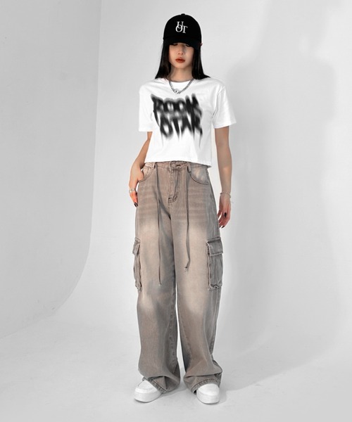 【LVEU.】ヴィンテージライクカーゴデニムパンツ / ボトムス デニム パンツ カーゴ 色落ち ヴィンテージ ワイド ルーズ ストレート グレー（デニムパンツ）｜LVEU.（ラブユ.）