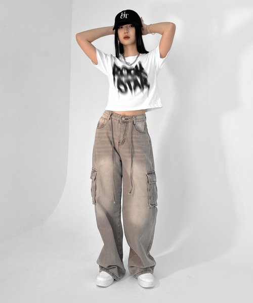 【LVEU.】ヴィンテージライクカーゴデニムパンツ / ボトムス デニム パンツ カーゴ 色落ち ヴィンテージ ワイド ルーズ ストレート グレー（デニムパンツ）｜LVEU.（ラブユ.）