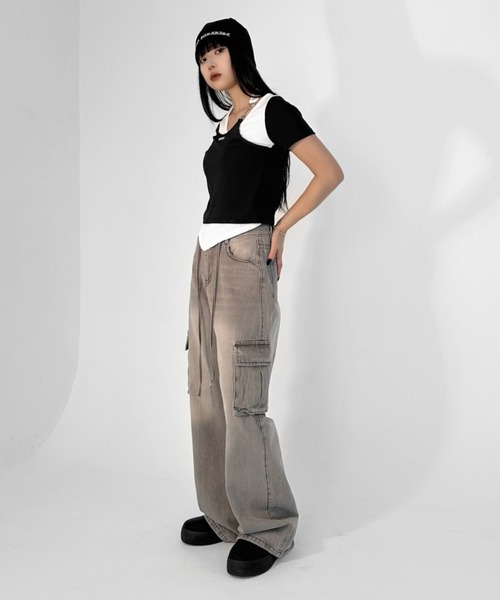 【LVEU.】ヴィンテージライクカーゴデニムパンツ / ボトムス デニム パンツ カーゴ 色落ち ヴィンテージ ワイド ルーズ ストレート グレー（デニムパンツ）｜LVEU.（ラブユ.）