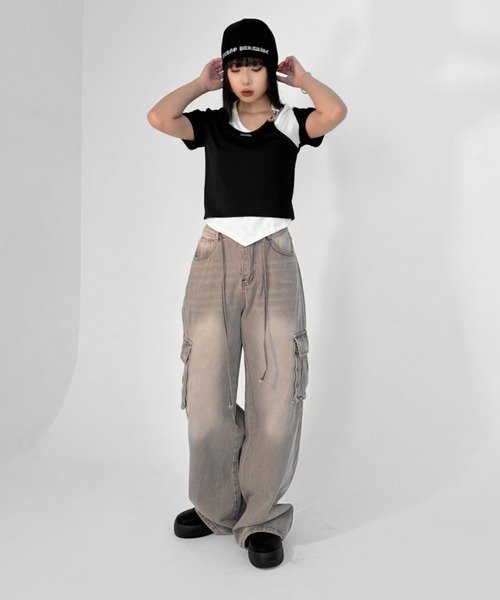 【LVEU.】ヴィンテージライクカーゴデニムパンツ / ボトムス デニム パンツ カーゴ 色落ち ヴィンテージ ワイド ルーズ ストレート グレー（デニムパンツ）｜LVEU.（ラブユ.）