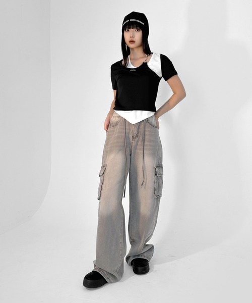 【LVEU.】ヴィンテージライクカーゴデニムパンツ / ボトムス デニム パンツ カーゴ 色落ち ヴィンテージ ワイド ルーズ ストレート グレー（デニムパンツ）｜LVEU.（ラブユ.）