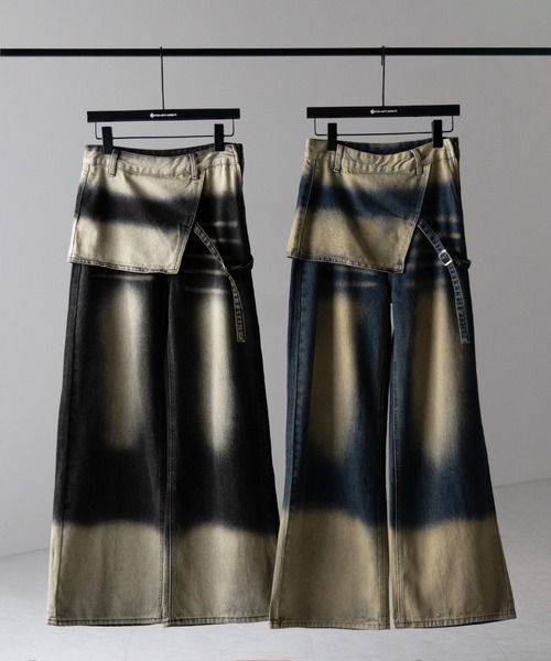 me+em select(ミームセレクト)の「【 2color /4size 】ラップレイヤードバイカラーブリーチワイドデニム / wrap layered bicolor bleach wide denim(デニムパンツ・レディース・ブルー/ブラック・X-LARGE/SMALL/MEDIUM/LARGE)」の3枚目の写真