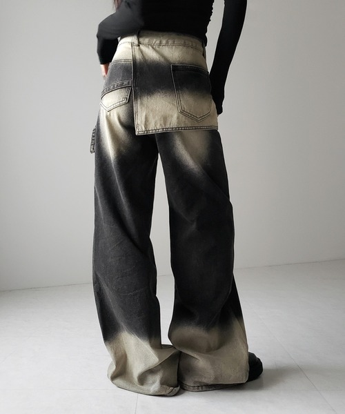 me+em select(ミームセレクト)の「【 2color /4size 】ラップレイヤードバイカラーブリーチワイドデニム / wrap layered bicolor bleach wide denim(デニムパンツ・レディース・ブルー/ブラック・X-LARGE/SMALL/MEDIUM/LARGE)」の12枚目の写真