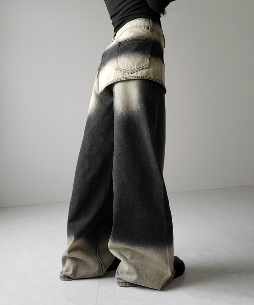 me+em select(ミームセレクト)の「【 2color /4size 】ラップレイヤードバイカラーブリーチワイドデニム / wrap layered bicolor bleach wide denim(デニムパンツ・レディース・ブルー/ブラック・X-LARGE/SMALL/MEDIUM/LARGE)」の13枚目の写真