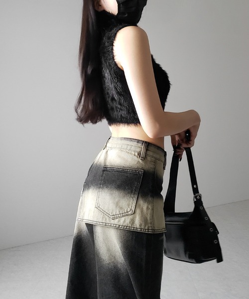 me+em select(ミームセレクト)の「【 2color /4size 】ラップレイヤードバイカラーブリーチワイドデニム / wrap layered bicolor bleach wide denim(デニムパンツ・レディース・ブルー/ブラック・X-LARGE/SMALL/MEDIUM/LARGE)」の17枚目の写真