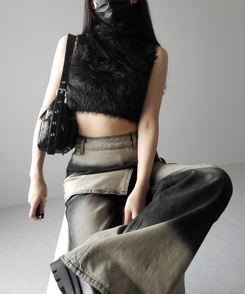 me+em select(ミームセレクト)の「【 2color /4size 】ラップレイヤードバイカラーブリーチワイドデニム / wrap layered bicolor bleach wide denim(デニムパンツ・レディース・ブルー/ブラック・X-LARGE/SMALL/MEDIUM/LARGE)」の19枚目の写真