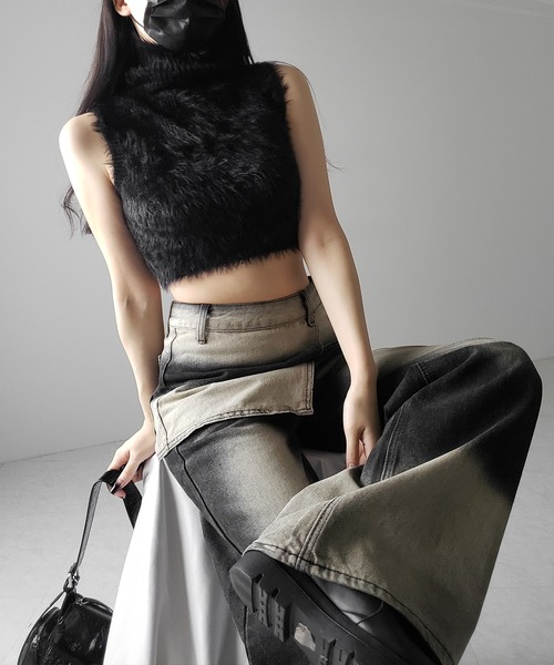 me+em select(ミームセレクト)の「【 2color /4size 】ラップレイヤードバイカラーブリーチワイドデニム / wrap layered bicolor bleach wide denim(デニムパンツ・レディース・ブルー/ブラック・X-LARGE/SMALL/MEDIUM/LARGE)」の20枚目の写真