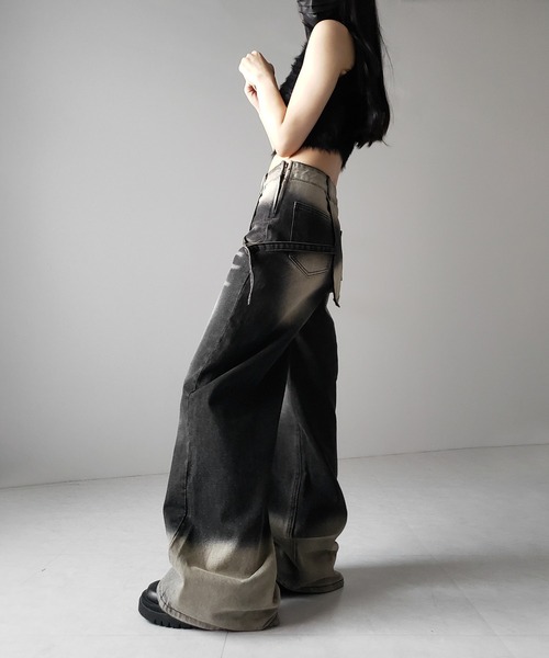 me+em select(ミームセレクト)の「【 2color /4size 】ラップレイヤードバイカラーブリーチワイドデニム / wrap layered bicolor bleach wide denim(デニムパンツ・レディース・ブルー/ブラック・X-LARGE/SMALL/MEDIUM/LARGE)」の22枚目の写真