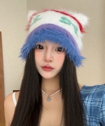 DEVICE（デバイス）の「ファー シャギー カラフル リボン 韓国風 猫耳 ニット帽 キャップ（ニットキャップ/ビーニー）」