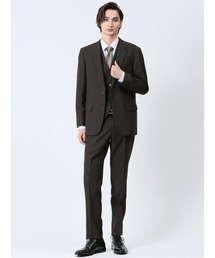 TAKA-Q（タカキュー）の「タカキュー Woolen Tec On ストレッチ　ウォッシャブル　2ボタン3ピース ビジネスセットアップスーツ 組織茶（スーツセット・メンズ）」