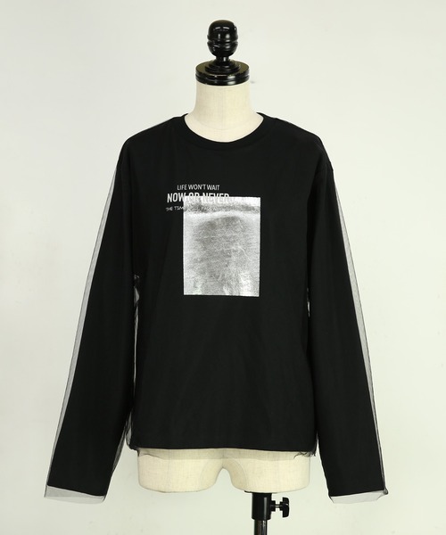 and it_(アンドイット)の「チュール重ね箔プリントロングTシャツ(Tシャツ/カットソー・レディース・ブラック/オフホワイト・M)」の17枚目の写真