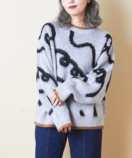 セール】モヘアニットアート柄ジャガードプルオーバー（ニット  