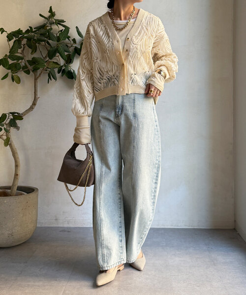 DouDou（ドゥドゥ）の「コードレースニット切替Vカーディガン（カーディガン/ボレロ・レディース・ブラック/ライトベージュ・FREE）」の5枚目の写真