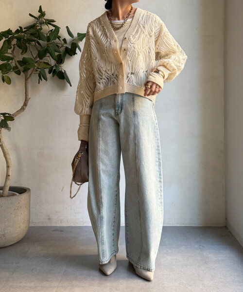 DouDou（ドゥドゥ）の「コードレースニット切替Vカーディガン（カーディガン/ボレロ・レディース・ブラック/ライトベージュ・FREE）」の8枚目の写真