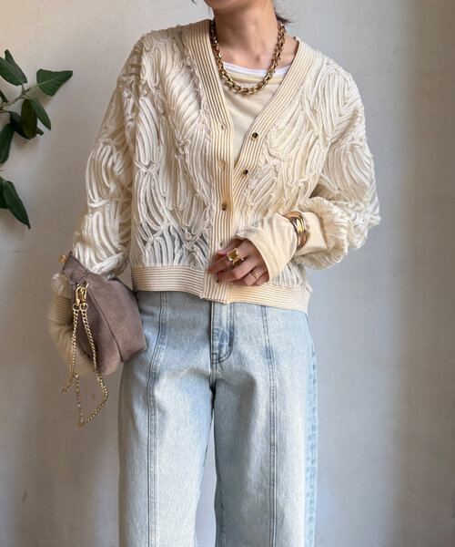 DouDou（ドゥドゥ）の「コードレースニット切替Vカーディガン（カーディガン/ボレロ・レディース・ブラック/ライトベージュ・FREE）」の11枚目の写真