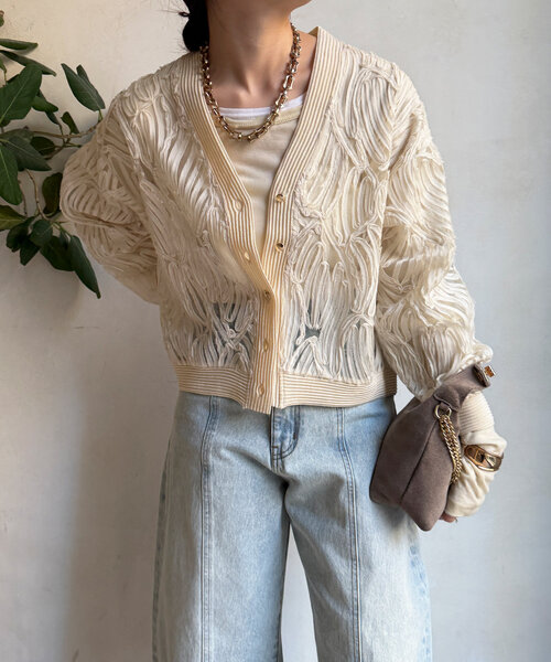 DouDou（ドゥドゥ）の「コードレースニット切替Vカーディガン（カーディガン/ボレロ・レディース・ブラック/ライトベージュ・FREE）」の12枚目の写真