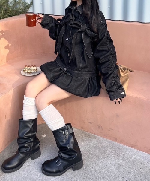 nemne store（ネンネストア）の「リボンデニムジャケット セットアップ可能（デニムジャケット・レディース・ブラック系/インディゴブルー・MEDIUM/SMALL）」の4枚目の写真