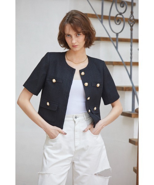 （訳ありセール 格安） Gigi Tweed ノーカラーサマーツイードJK（ノー Jacket Little ジャケット・アウター