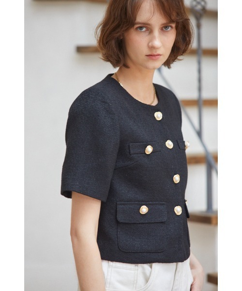 Estella.K（エステラケー）の「Gigi Tweed Little Jacket  ノーカラーサマーツイードJK（ノーカラージャケット・レディース・ブラック/アイボリー系・FREE）」の13枚目の写真