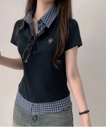 【Y2Kガーリー】 異素材 チェック ドッキング トップス