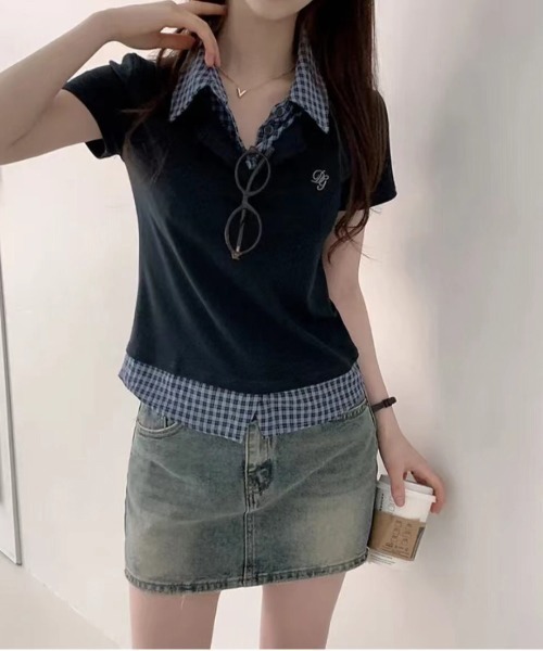 gossip！ロサンゼルス（ゴシップロサンゼルス）の「【Y2Kガーリー】  異素材 チェック  ドッキング トップス（Tシャツ/カットソー・レディース・ネイビー/グレー・FREE）」の3枚目の写真