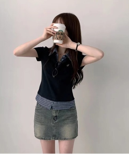 gossip！ロサンゼルス（ゴシップロサンゼルス）の「【Y2Kガーリー】  異素材 チェック  ドッキング トップス（Tシャツ/カットソー・レディース・ネイビー/グレー・FREE）」の5枚目の写真