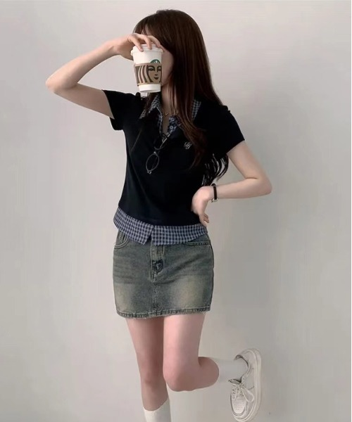 gossip！ロサンゼルス（ゴシップロサンゼルス）の「【Y2Kガーリー】  異素材 チェック  ドッキング トップス（Tシャツ/カットソー・レディース・ネイビー/グレー・FREE）」の6枚目の写真