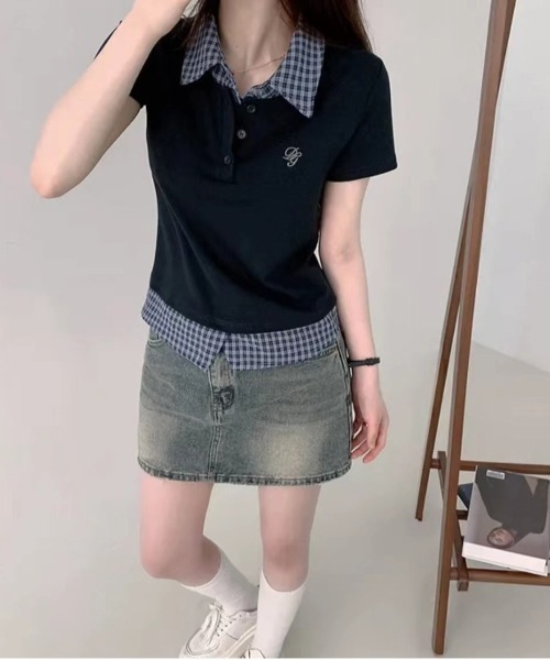gossip！ロサンゼルス（ゴシップロサンゼルス）の「【Y2Kガーリー】  異素材 チェック  ドッキング トップス（Tシャツ/カットソー・レディース・ネイビー/グレー・FREE）」の7枚目の写真