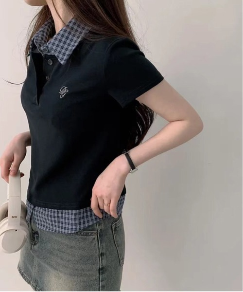 gossip！ロサンゼルス（ゴシップロサンゼルス）の「【Y2Kガーリー】  異素材 チェック  ドッキング トップス（Tシャツ/カットソー・レディース・ネイビー/グレー・FREE）」の8枚目の写真