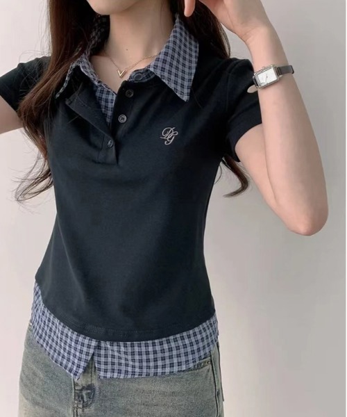 gossip！ロサンゼルス（ゴシップロサンゼルス）の「【Y2Kガーリー】  異素材 チェック  ドッキング トップス（Tシャツ/カットソー・レディース・ネイビー/グレー・FREE）」の9枚目の写真