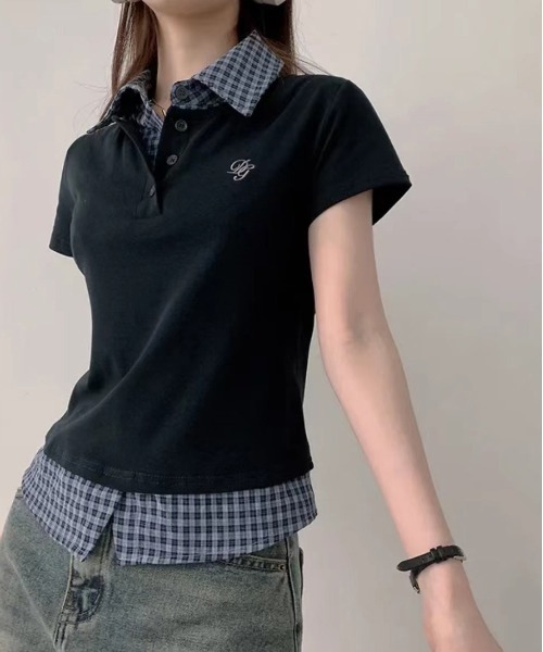 gossip！ロサンゼルス（ゴシップロサンゼルス）の「【Y2Kガーリー】  異素材 チェック  ドッキング トップス（Tシャツ/カットソー・レディース・ネイビー/グレー・FREE）」の10枚目の写真