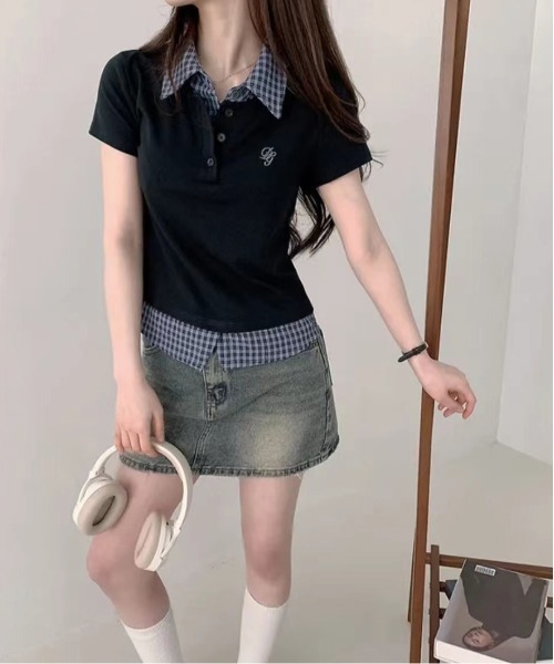 gossip！ロサンゼルス（ゴシップロサンゼルス）の「【Y2Kガーリー】  異素材 チェック  ドッキング トップス（Tシャツ/カットソー・レディース・ネイビー/グレー・FREE）」の11枚目の写真