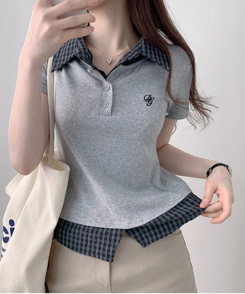 gossip！ロサンゼルス（ゴシップロサンゼルス）の「【Y2Kガーリー】  異素材 チェック  ドッキング トップス（Tシャツ/カットソー・レディース・ネイビー/グレー・FREE）」の13枚目の写真