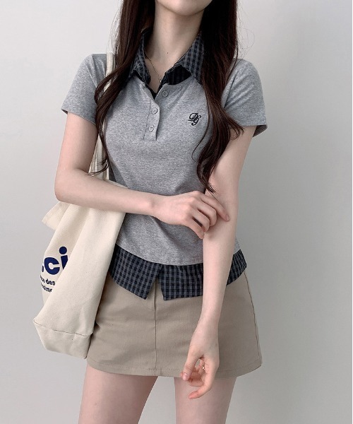 gossip！ロサンゼルス（ゴシップロサンゼルス）の「【Y2Kガーリー】  異素材 チェック  ドッキング トップス（Tシャツ/カットソー・レディース・ネイビー/グレー・FREE）」の14枚目の写真