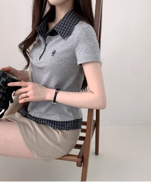 gossip！ロサンゼルス（ゴシップロサンゼルス）の「【Y2Kガーリー】  異素材 チェック  ドッキング トップス（Tシャツ/カットソー・レディース・ネイビー/グレー・FREE）」の15枚目の写真