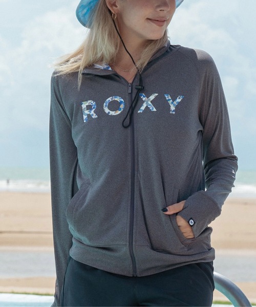 ROXY(ロキシー)の「ARTSY FLORAL LOGO PA /ロキシーロゴ長袖ジップアップパーカーラッシュガード(水着)(ラッシュガード・レディース・ホワイト/チャコールグレー/ブルー・SMALL/MEDIUM/LARGE)」の1枚目の写真