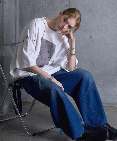 SERACE】ハンドステッチルーズグラフィック半袖Tシャツ　　ホワイトL SERACE | 【SERACE】Hand stitch loose graphic short sleeve t